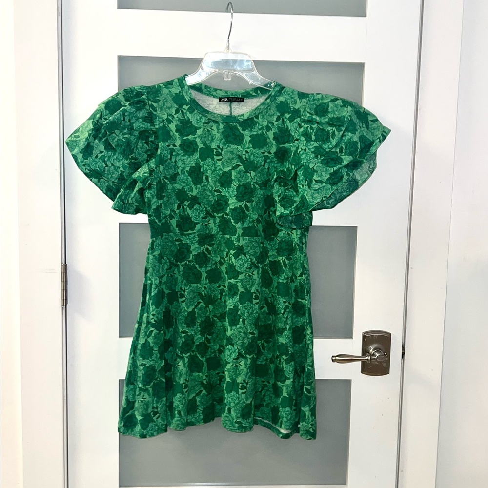 Zara double ruffle sleeve floral wear your greens dress short large size S